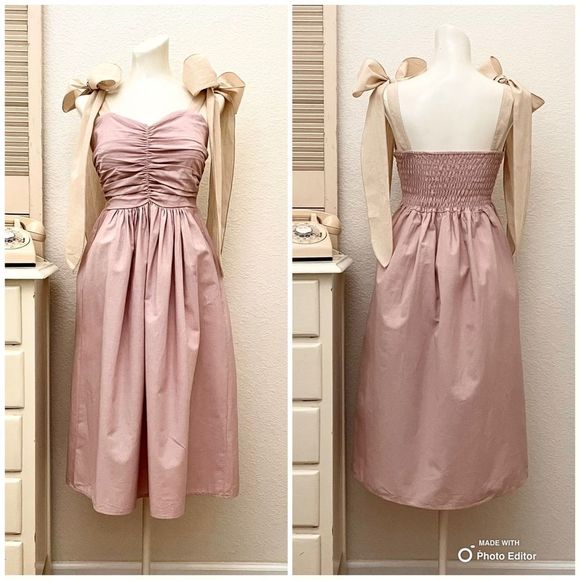 MIDI Dress, Ruched Bodice, Smocked Back, Long Wide Ties, S/M Fit, Dusty … - Picture 4 of 8